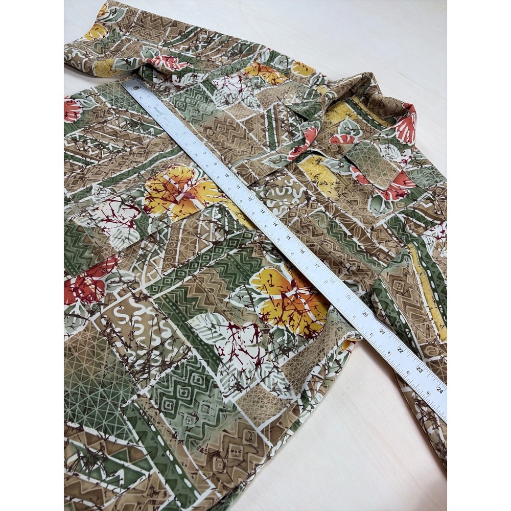 Mens Tropical Hibiscus Tribal Patchwork Short Sleeve Button Down Shirt Earth - Picture 4 of 6